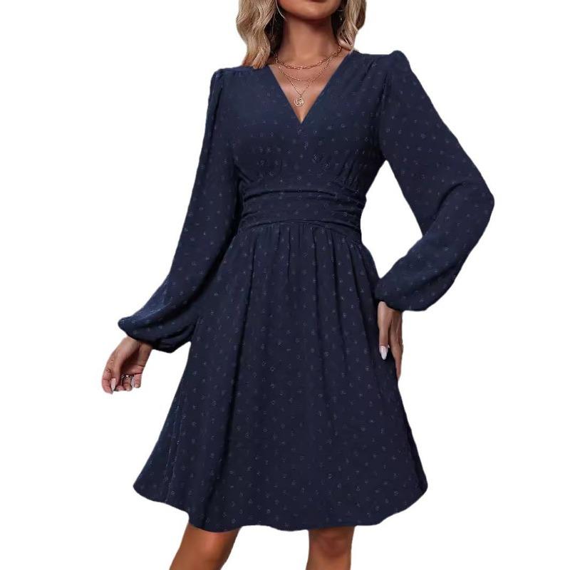 Autumn and Winter Women's Jacquard V-neck Lantern Sleeve Range Dress