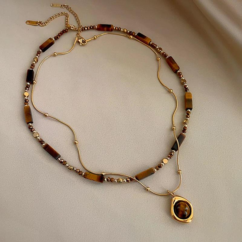 1/2 Pcs Collier Pendentif Stratifié Oeil de Tigre Style Rétro pour Femmes Filles Chaîne de Pull de Luxe Léger Bijoux Cadeaux