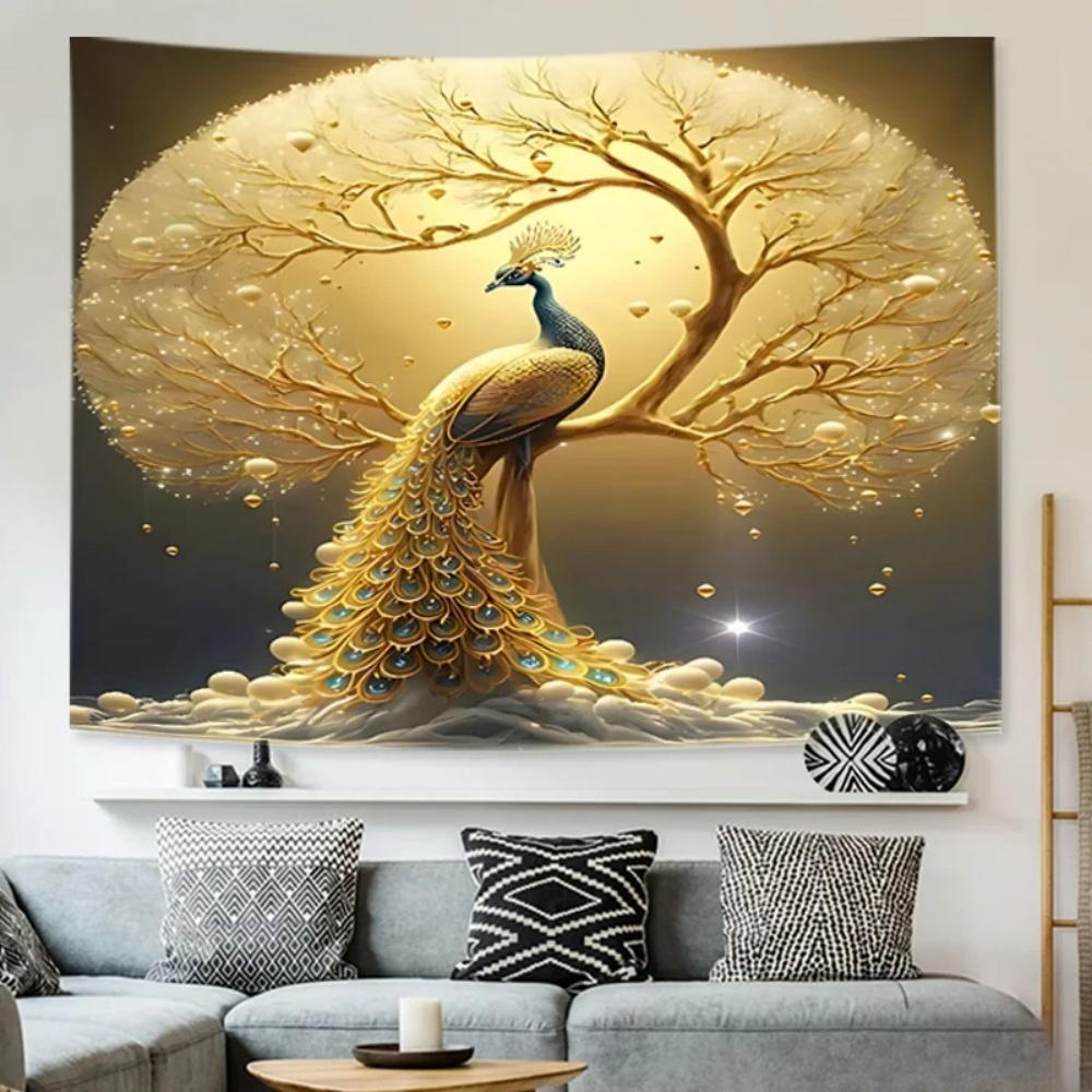 

Home Decor Golden Peacock Money Tree Tapestry Polyester Wall Hanging Suitable For Bedroom And Living Room Decoration 74x94cm(29x37in)