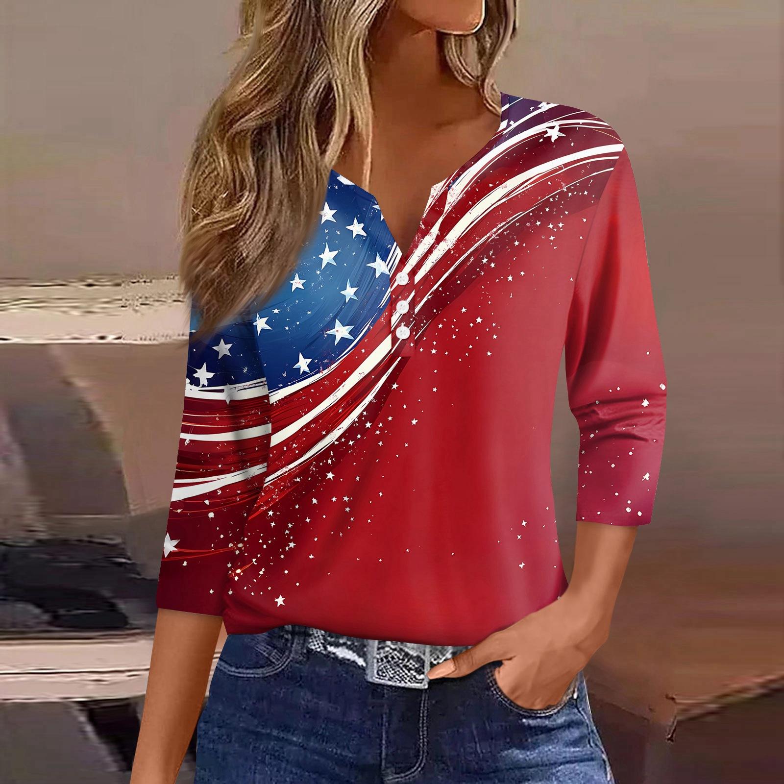 

Women s T Shirt Independence Day Print Button 3/4 Sleeve Daily Weekend Fashion Basic V- Neck Regular Top XXL красный