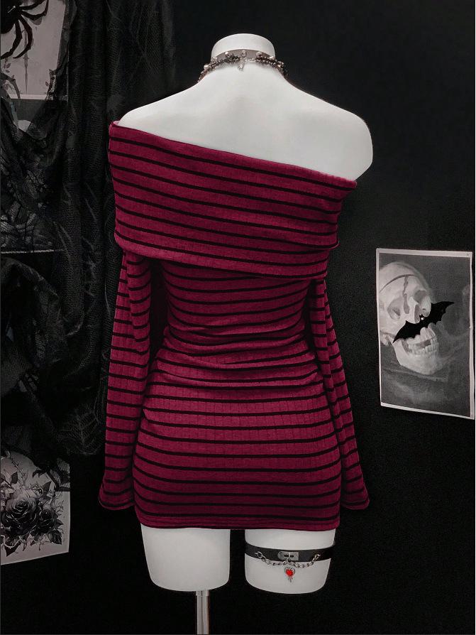 Autumn Winter Striped One-Shoulder Long-Sleeve Y2K Knit Hip-Hugging Dress