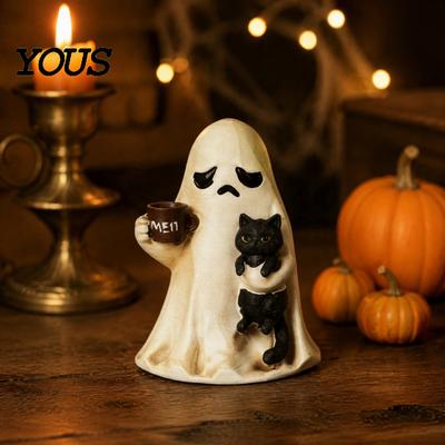 Creative Halloween Gifts for Friends Cute Ghost Figurine, Resin Tabletop Ornament with Black Cat And Small Holiday Crafts Coffee Cup Decor Home Office