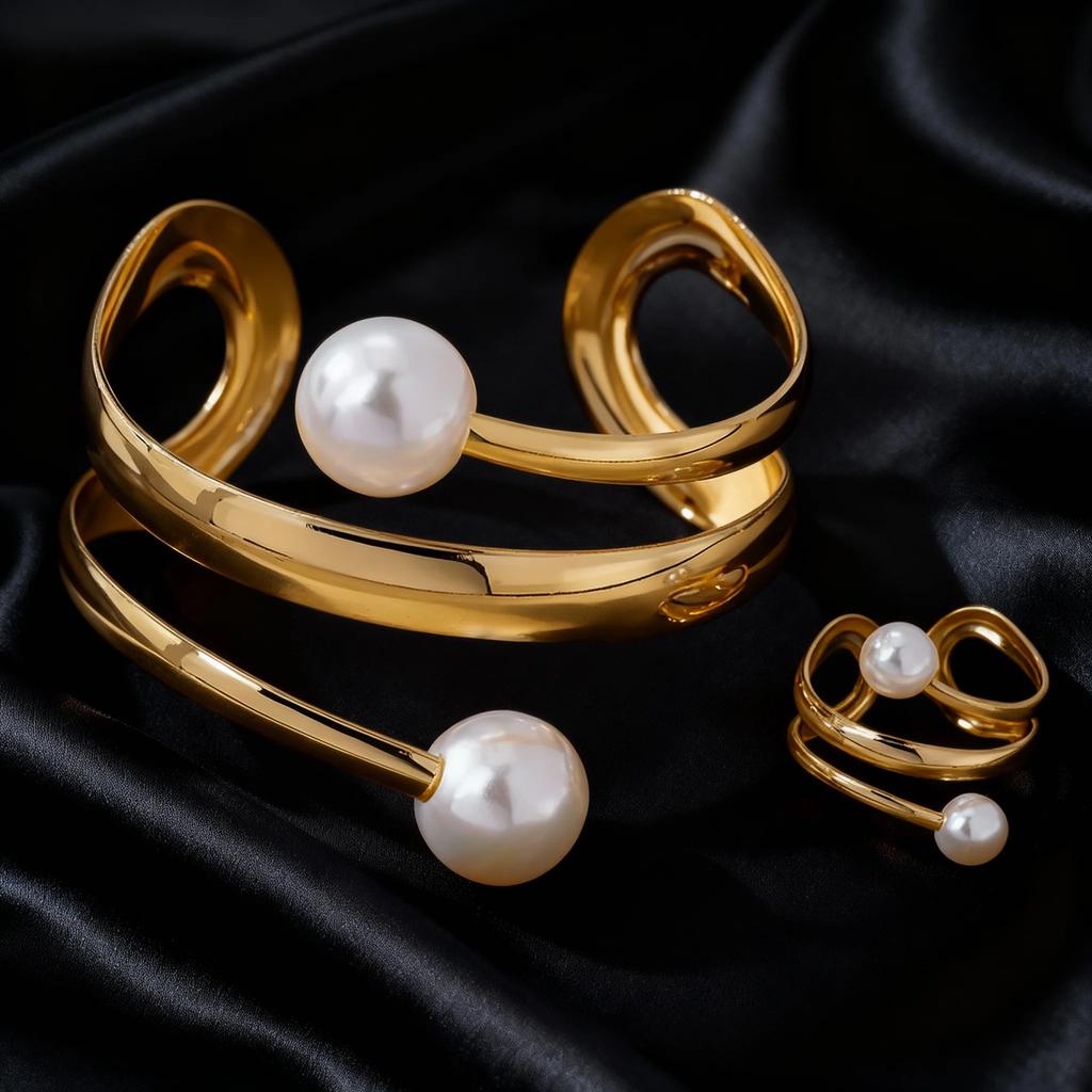 2pcs New Exaggerated Fashion Imitation Pearls Geometric Metal Bangles Hip Hop Punk Wrap Bangles For Women Jewelry accessories