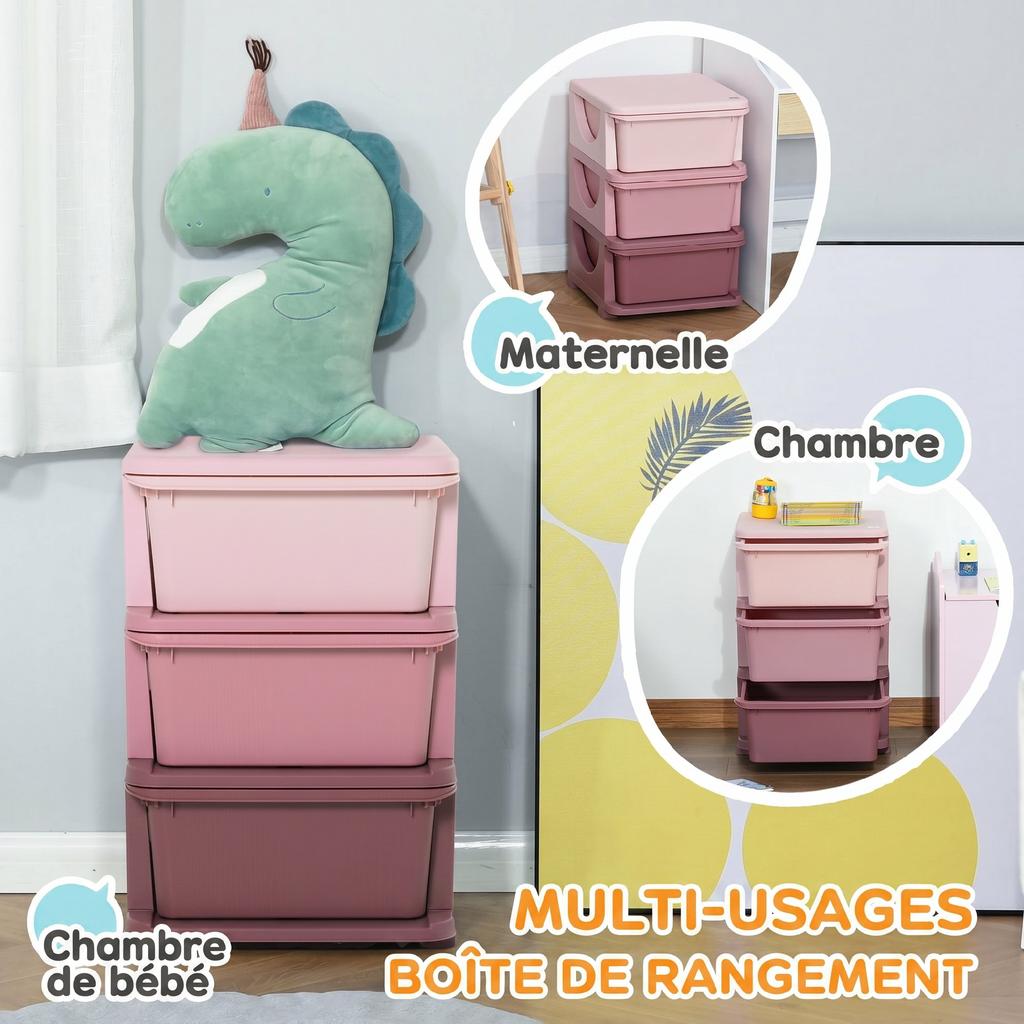 Children's Toy Organizer, 3-Tier Drawers, Plastic Boxes, 37 x 37 x 56.5 cm, Pink