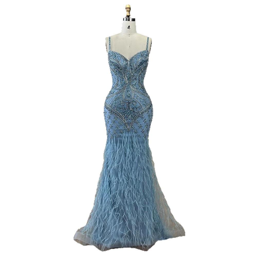 Serene hill blue elegant feather suspender fishtail skirt light luxury host banquet evening dress LA11111