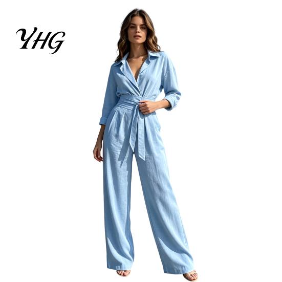 Women Wide Leg Pants V Neck Long Sleeves Jumpsuit, Collared One Piece Romper with High Waisted Jumpsuits Belt, Solid Color Dressy Casual Fall Outfits
