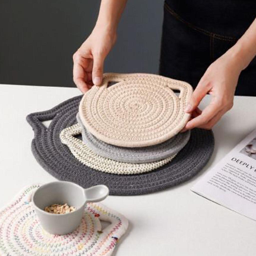 6Pcs Heat Resistant Table Mats with Cute Cats Ear Design for Pot and Bowls Washable Fabric Braided Cotton Cup Coasters