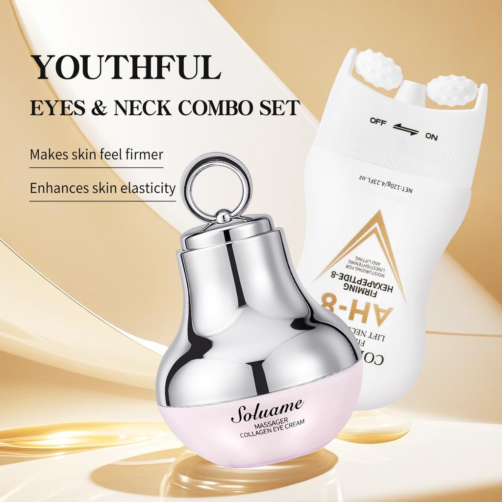 Set Crema Contorno Occhi e Collo da Massaggio al Collagene Idratante & Rassodante, Lozione Collo con Roller Massaggiante Facilmente Assorbibile