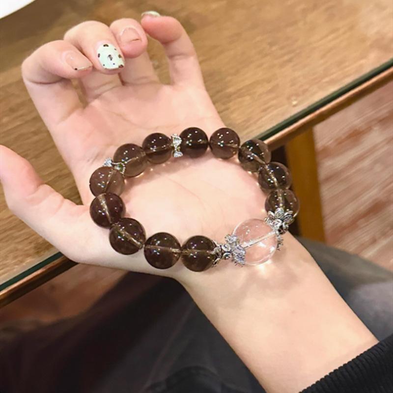 Natural Tea Crystal12mm Single-loop bracelet paired with white crystal, new Chinese-style large bead bracelet, fashionable for both men and women