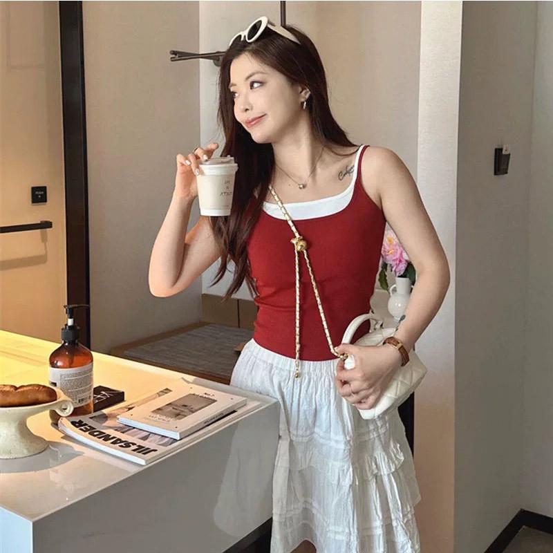 Contrast Color Two-Piece Knit Camisole for Women, Slimming and Elastic, Perfect for Summer