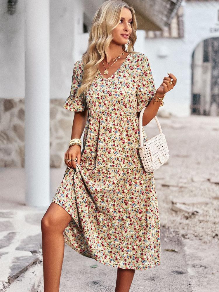 

Floral Print Summer Dress for Women, Casual Short Sleeve A-Line Dress with Ruffles, Boho Chic Dress for Outdoor XL