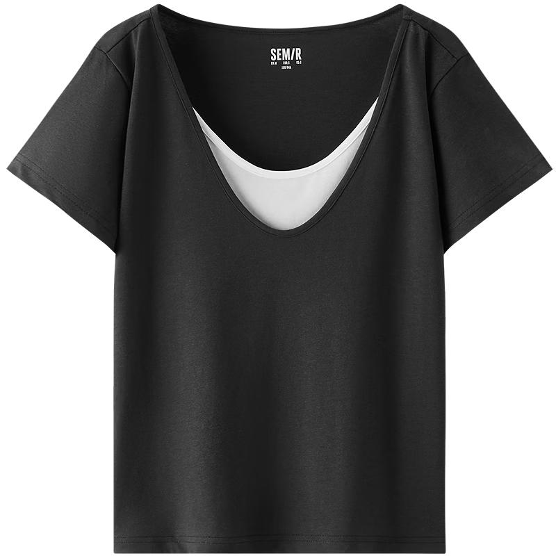 Semir Women s Fake Two-Piece Color Block Cotton Linen T-Shirt XL
