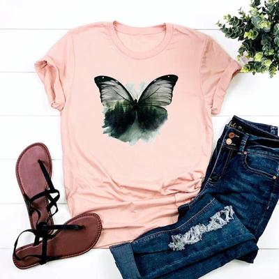 (Asian Size)Tee Top Watercolor Lovely Butterfly Cute Clothing Casual Short Sleeve Women Print Lady Fashion T Shirt Female Graphic T-shirt