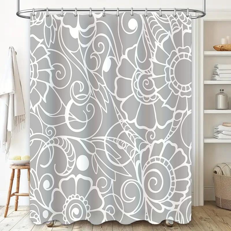 Grey White Floral Shower Curtain Decorative Bathroom Waterproof Fabric 3D Printing for Home Bath Tub Accessories Set with Rings
