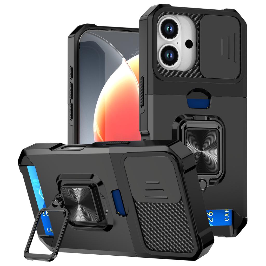 For iPhone 17 Case Kickstand Slide Lens Lid PC+TPU Phone Cover with Card Slot