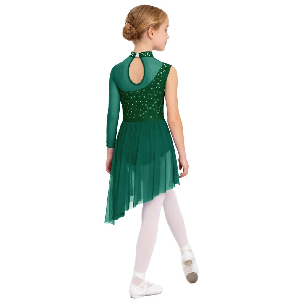 Girls Asymmetrical Lyrical Dance Costume Mock Neck Cutout Sheer Mesh Patchwork Shiny Rhinestones Side Split Dress