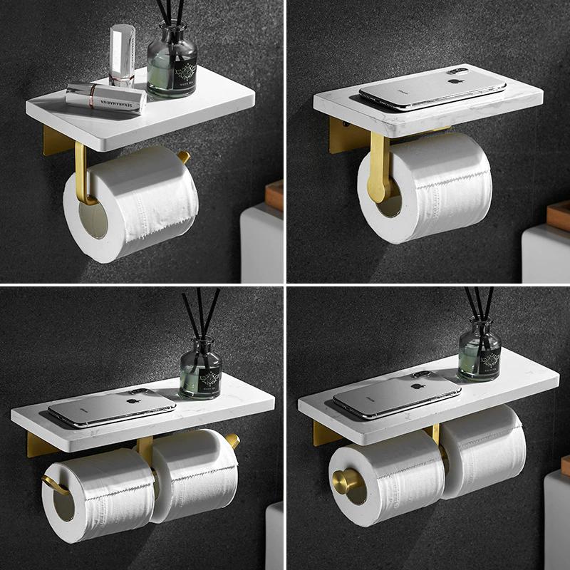 White Marble Bathroom Paper Holder with Phone Holder Brushed Gold Paper Roll Holder Tissue Holder Rack Toilet Paper Holder