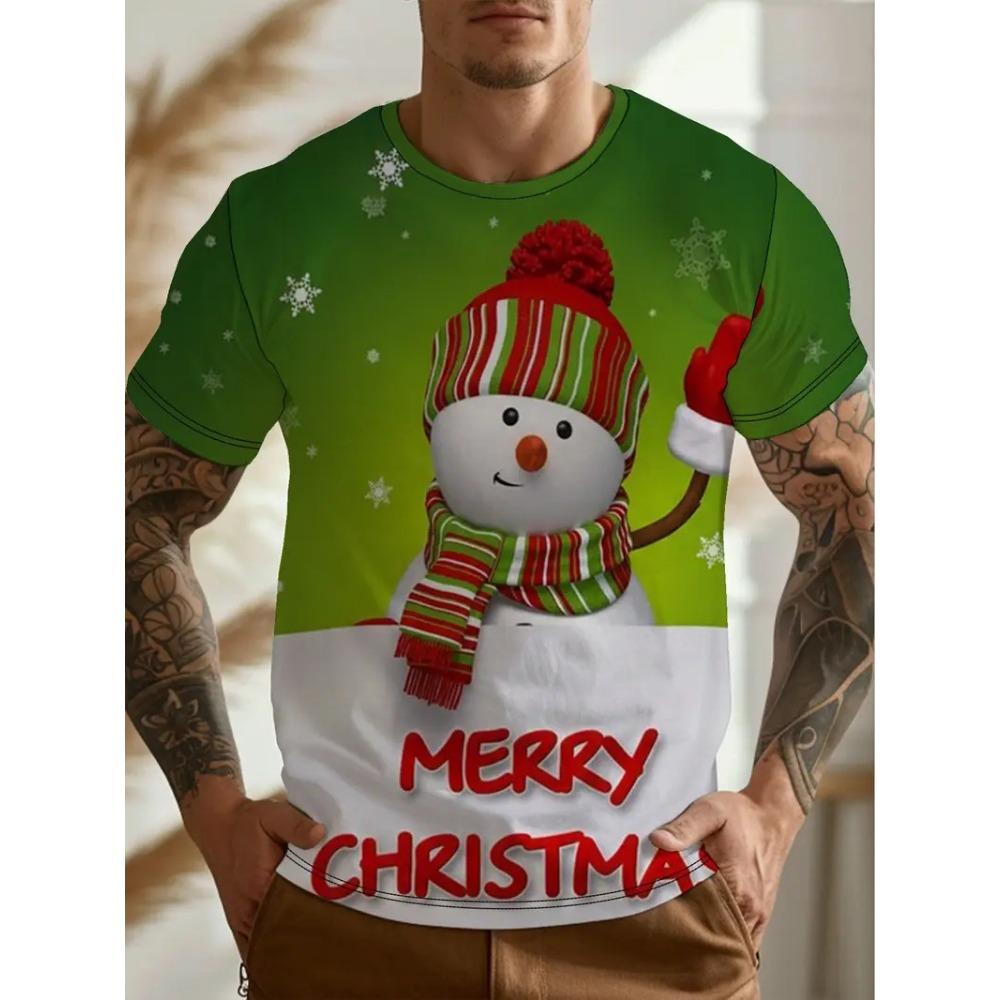 3D Printed Snowman Pattern Men's Spring Fashion Casual Christmas Theme Short-Sleeve T-Shirt, Loose and Comfortable Top