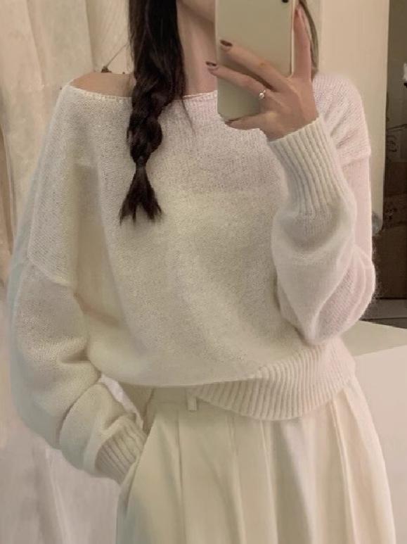 Korean Style Loose One-Shoulder Wool Knit Sweater for Women - Autumn/Winter 2025 Streetwear