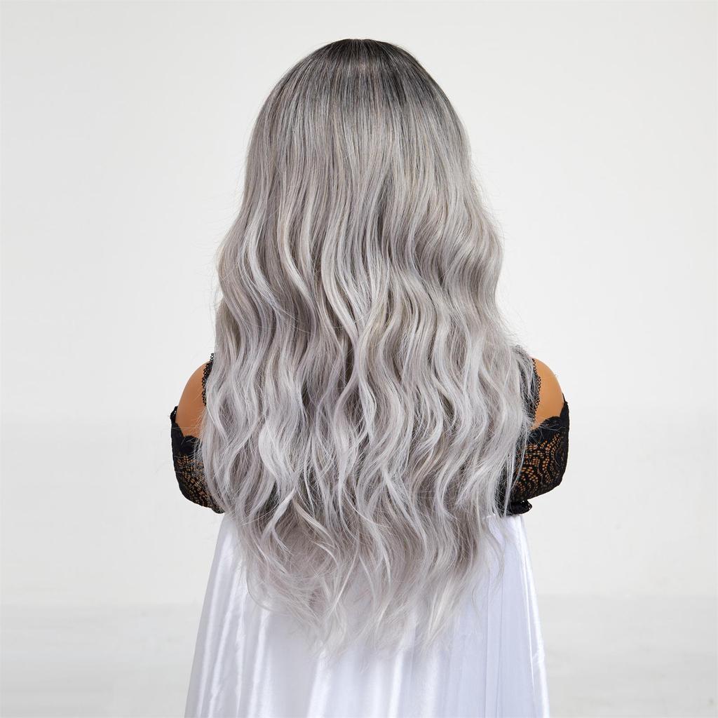 ALAN Long Ombre Dark Root to Grey Paruky Vlnité kudrnaté syntetické paruky pro ženy Denní Cospaly Natural Party Tepelně odolné