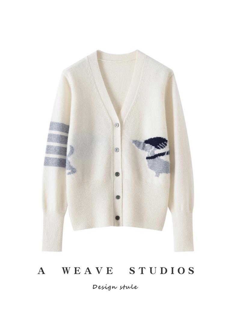 TB Design Puppy Jacquard V-neck Cardigan: British Chic Knit Outerwear