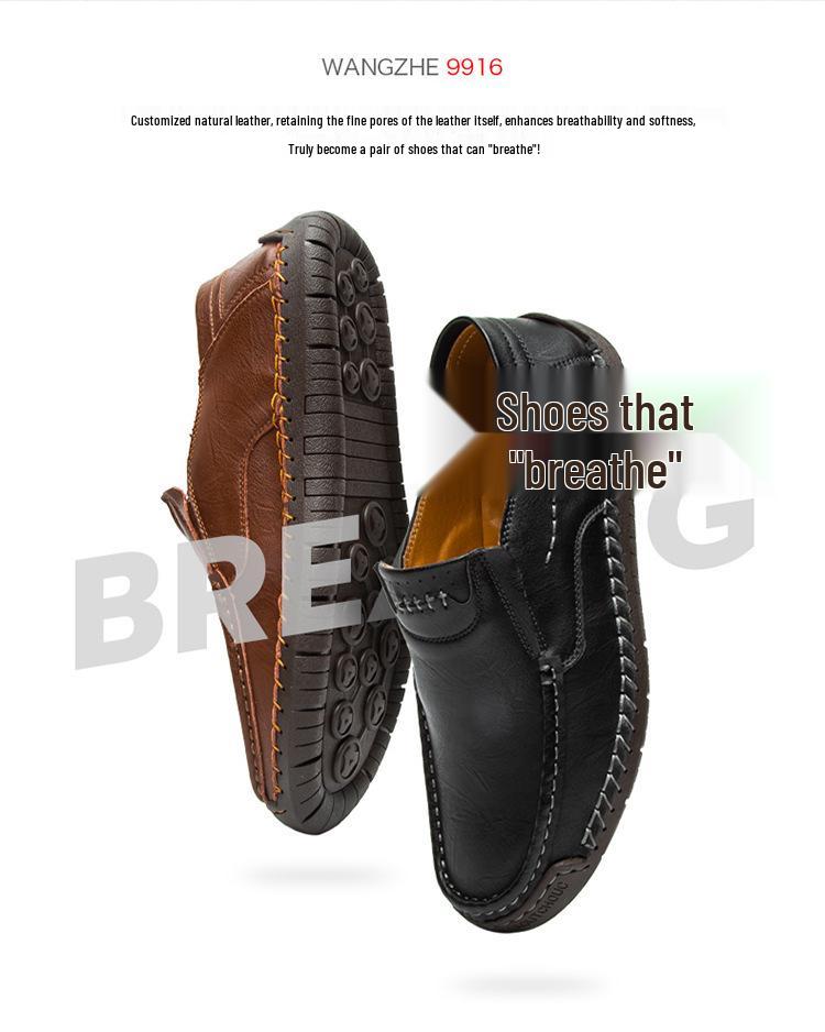 Men's Hand-Stitched Leather Slip-On Loafers - Casual Outdoor Low-Top Flats, Large Size, Spring Collection.