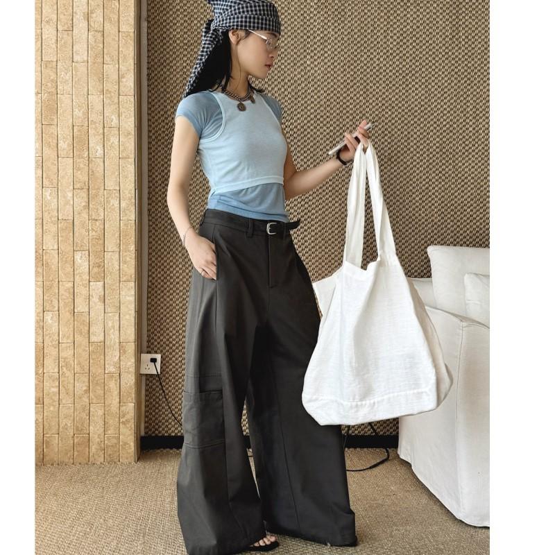 Johnature Summer Korean Simple Large Pocket Loose Long Pants For Women Fashionable Casual Pants