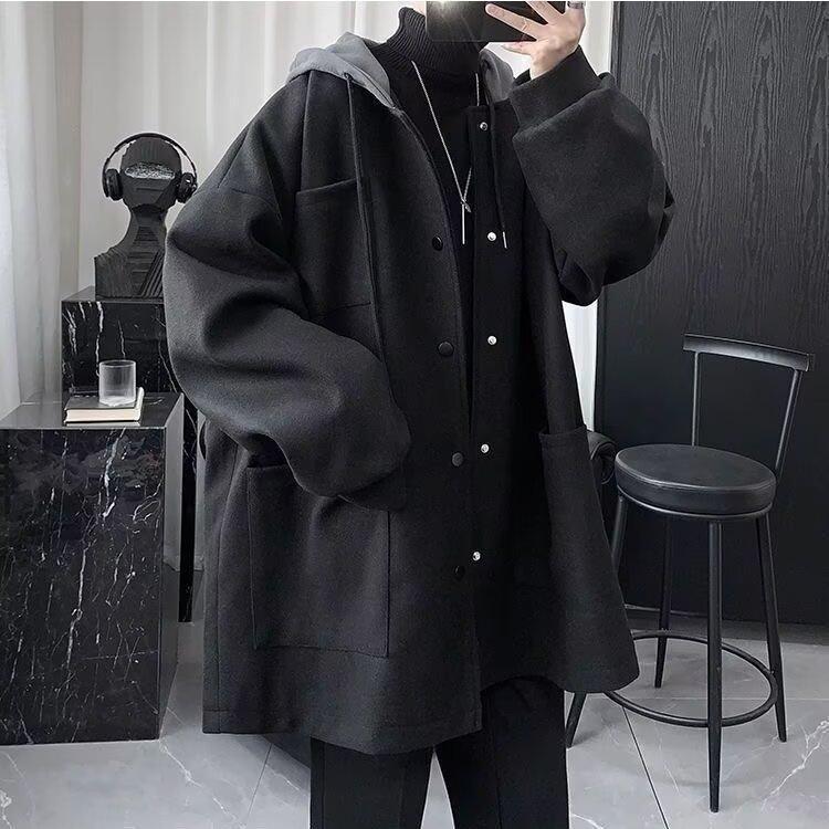 

Men s British Style Wool Hooded Trench Coat – Two-Piece Look, Warm, Fashionable, Thick, Loose Fit for Autumn/Winter. 3X Large чорний