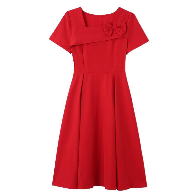 2026 Elegant Red French Short-Sleeve Slimming Plus Size Women's Dress
