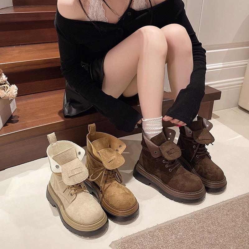 Fashion New Platform Single Boot Fall Round Toe Deep Mouth Front Lace-Up Rear Zip Anti-Slip Booties