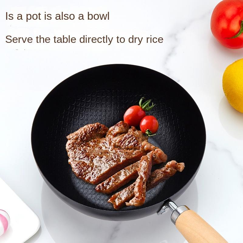 Household Frying Pan for Induction Cooker and Gas Stove, Flat Bottom Pan, Iron Wok
