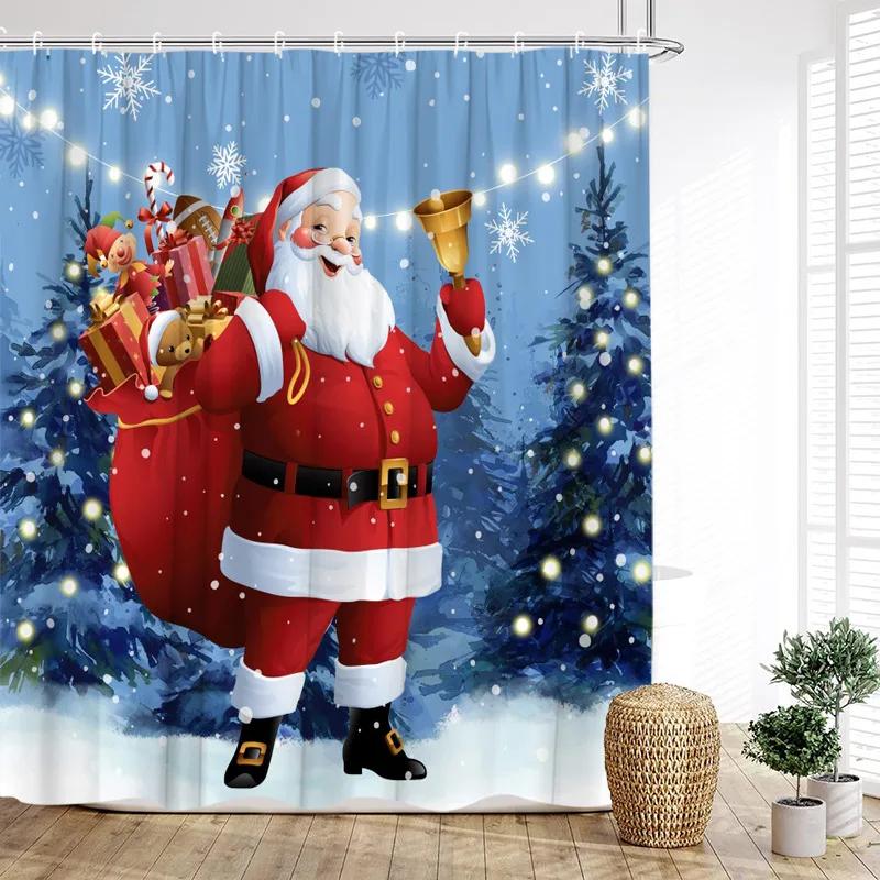 GAEFunny Red Santa Claus Shower Curtain Gold Xmas Balls Gifts White Snowflakes Winter Christmas Bath Curtains Home Bathroom De