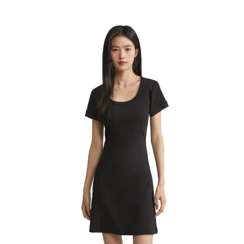Calvin Klein Solid Color Ribbed Jacquard Round Neck Short Sleeve Dress Women dresses Space-Black J221674-BEH