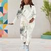 Women Plus Size Round Neck Long Sleeve Printed Top Fitted Pants Two Piece Set