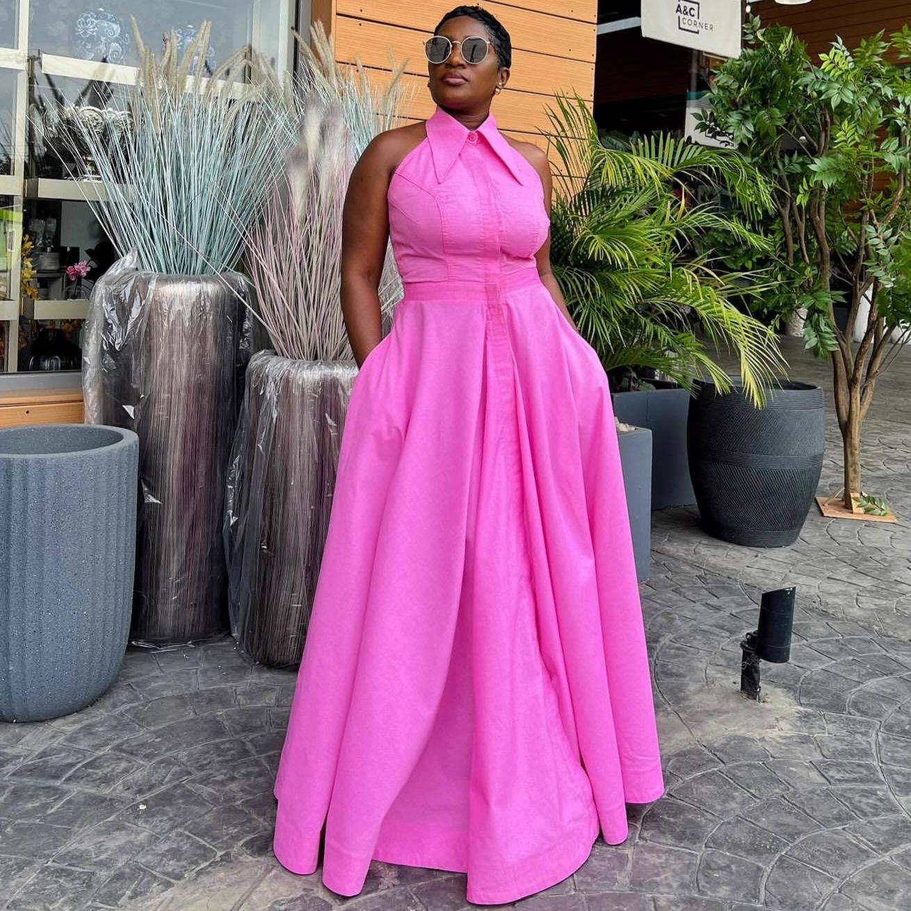 European and American plus-size women s high-waisted sleeveless long solid color dress, African chic sexy backless high-waisted long dress S