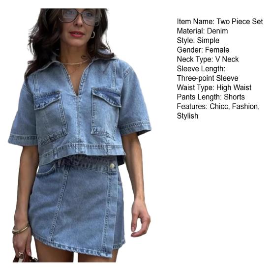 Dvoudílný džínový outfit pro ženy Top s krátkým rukávem s klopami a výstřihem do V a džínová sukně/šortky s vysokým pasem Letní pouliční oblek