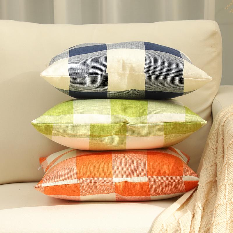 New Plaid Sofa Pillow Case Simple Home Classic Contrasting Color Pillow Ins Style Linen Bedside Pillow