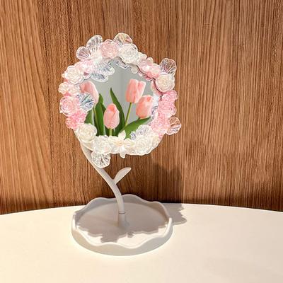 DIY Handmade Flower Desk Mirror with Storage Tray Rotatable Desktop Vanity Mirror Multi-purpose Women Makeup Table Mirror Jewelry Organizer