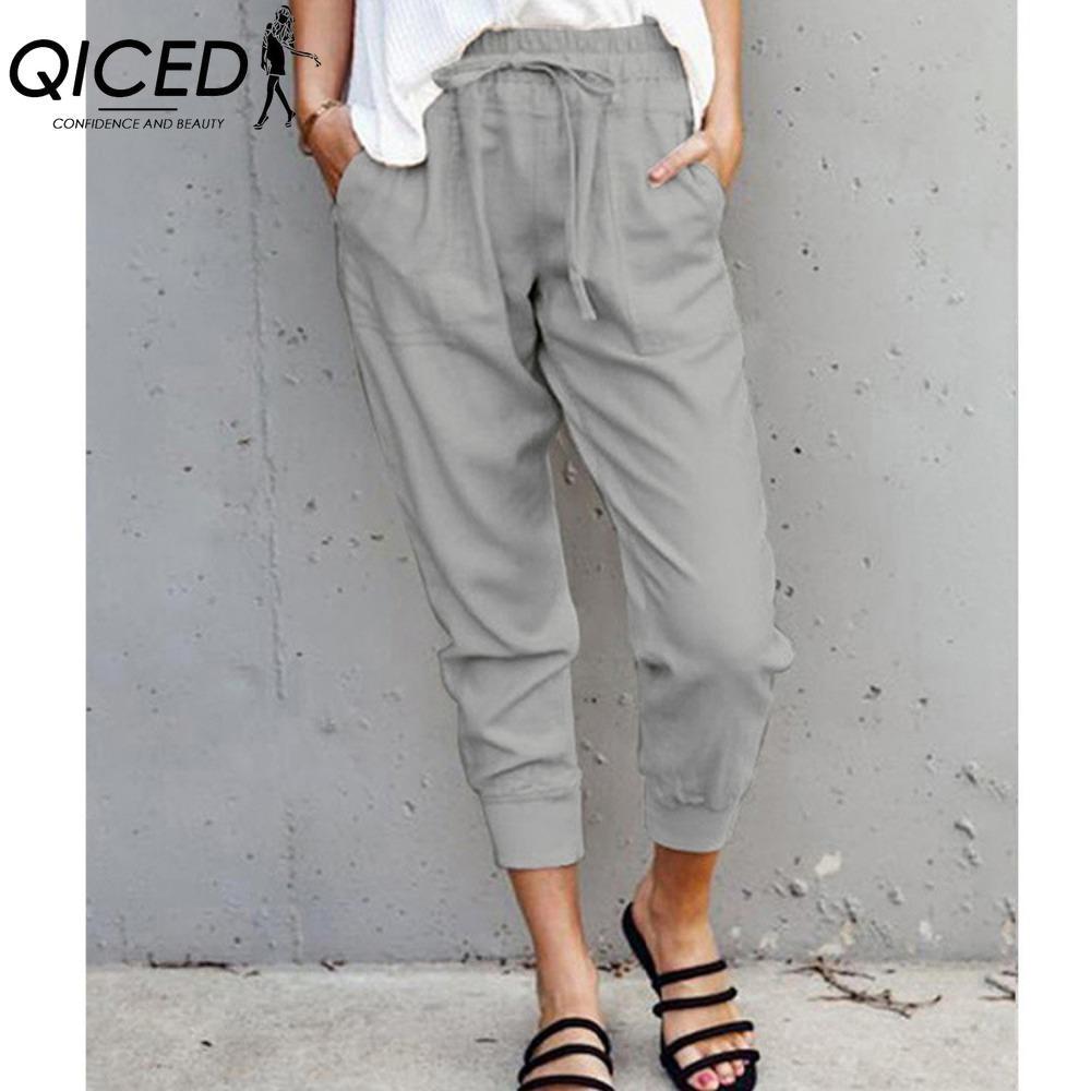 

QICED Summer Women Loose Plus Size Solid Color Simple Lace Up Slim Casual Nine Point Slimming Trousers XXXXXL світло-сірого кольору