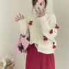 Womens Short Cropped Knit Cardigan 2026 Winter Cherry Print Sweet Loose Fit Sweater