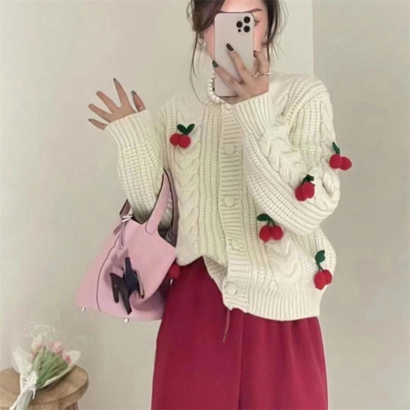 Womens Short Cropped Knit Cardigan 2026 Winter Cherry Print Sweet Loose Fit Sweater