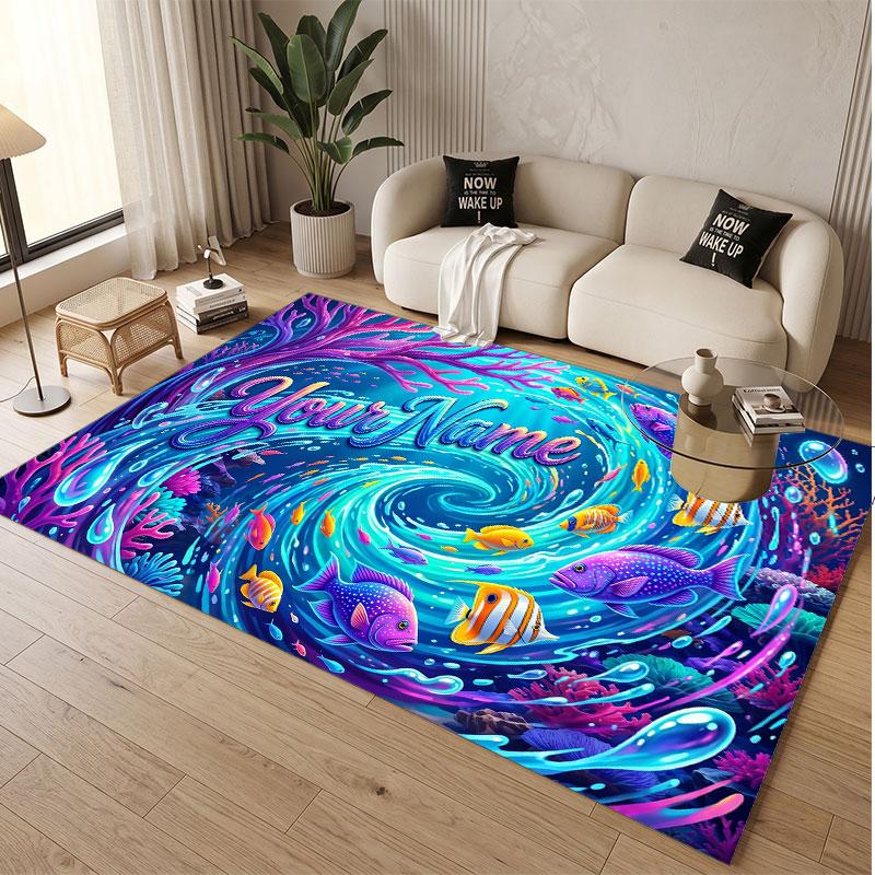 Fish Ocean Theme Soft Crystal Velvet Rug Custom Name & Text Print Non Slip Floor Rug for Bedroom Living Room