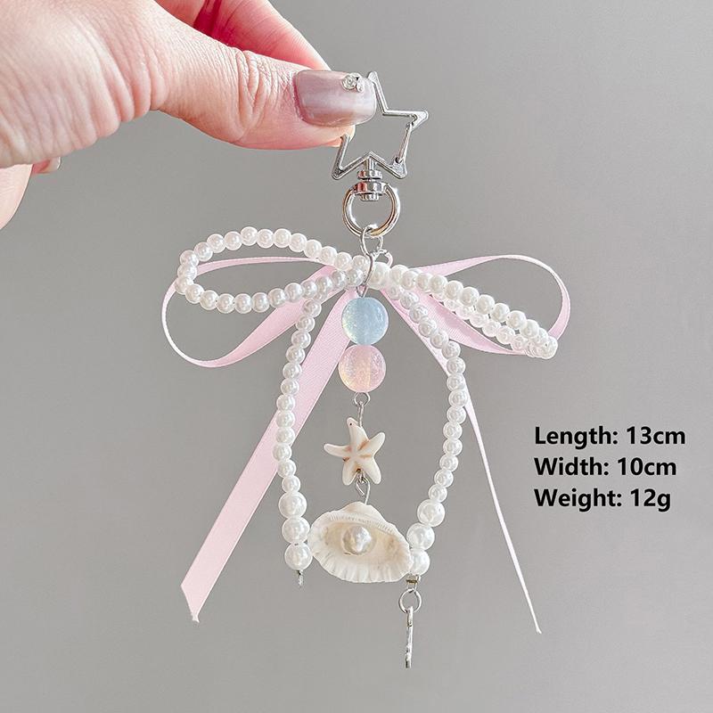 Pink Ribbon Bow Bag Pendant Pearl Shell Keychain Pendant Girly Heart Exquisite Pendant Bag Decor Keyring