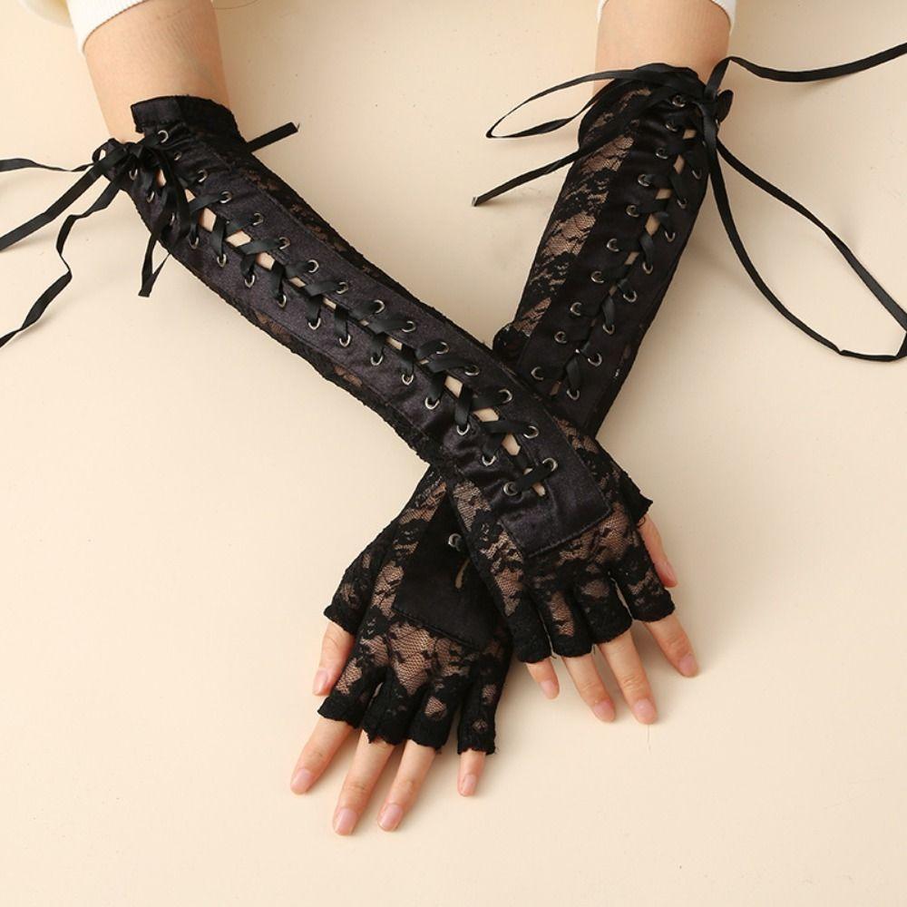 JK Lace Strap Gloves Long Gloves Elastic Women Gloves Slim Ribbon Half Finger Gloves Women
