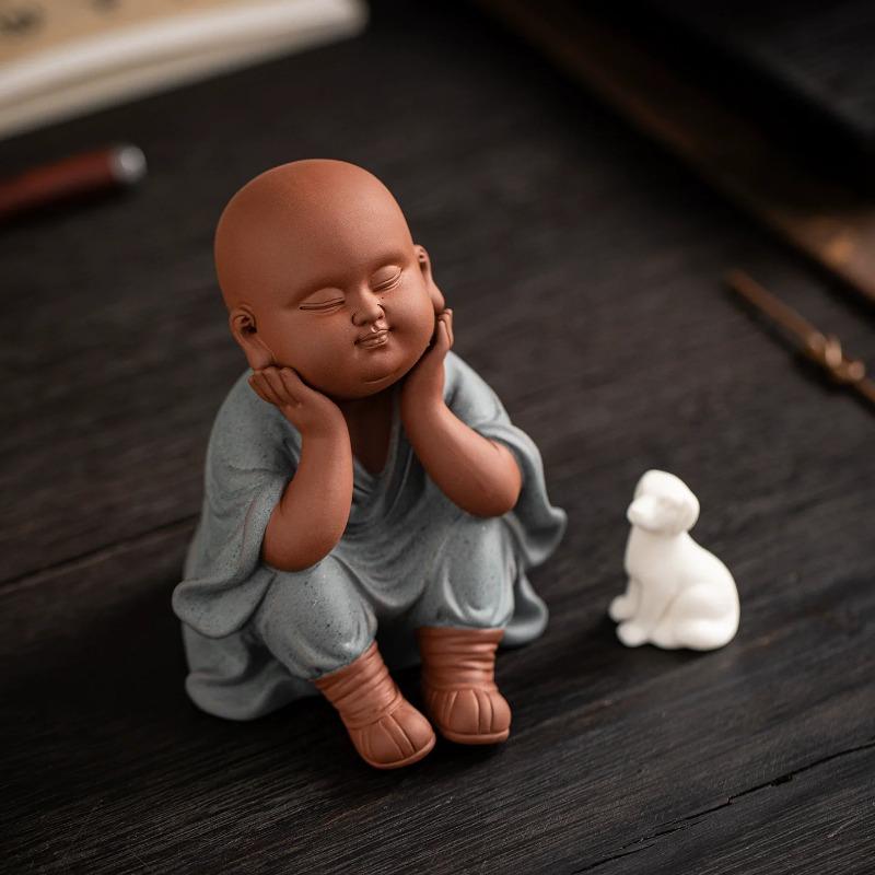 Zen Tea Pet, Cute Little Monk Figurine for Tea Table, Zen Meditation Ornament for Home Office Desk