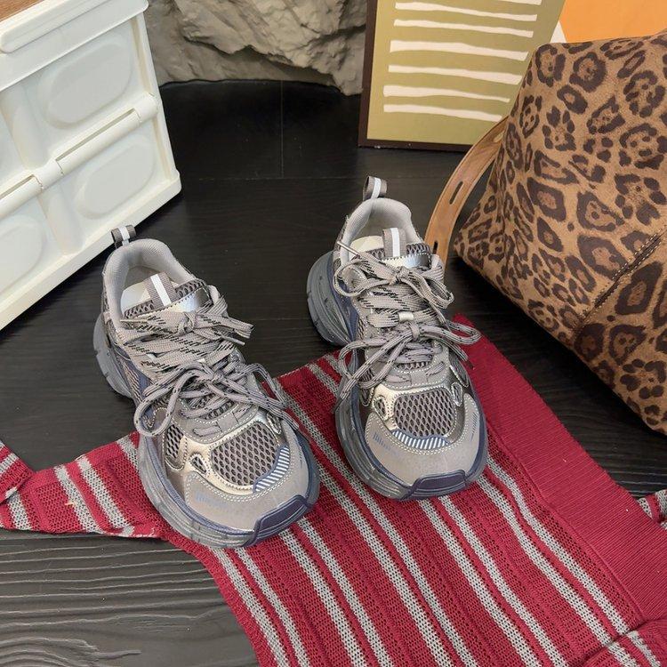 Platform Leather Mesh Dad Shoes Girl 2025 Autumn European Station New Breathable Casual Niche Retro Sneakers