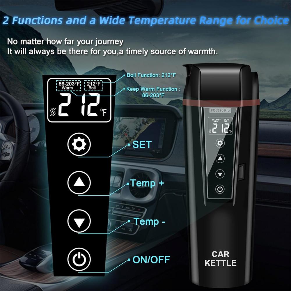 Car Electric Kettle:12V/24V Portable Water Boiler Heated Travel Mug,Multiple Temperature Adjustable Coffee Tea Truck Cup