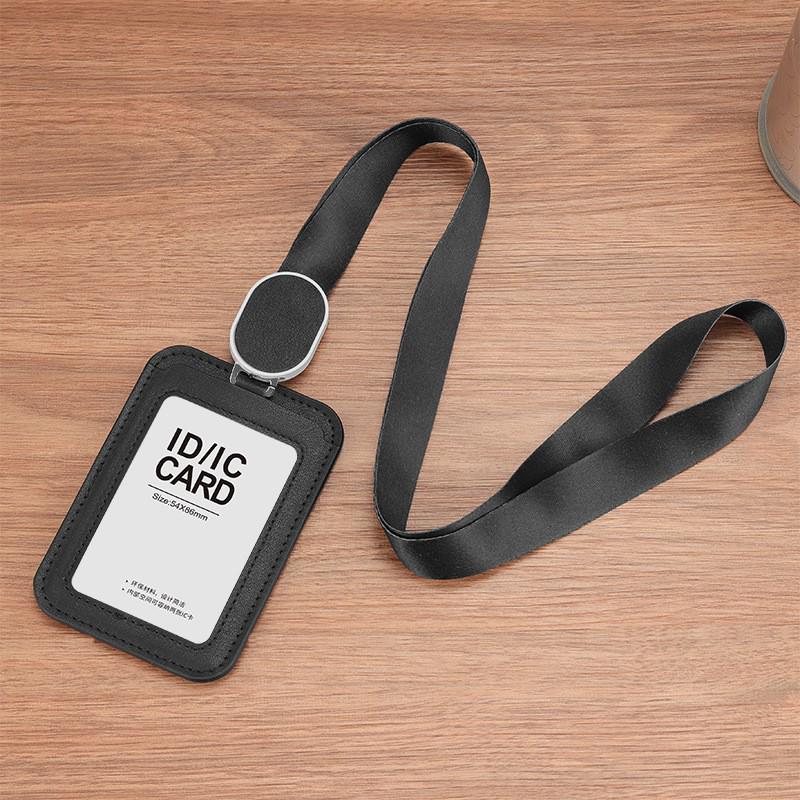 Durable Leather ID Card Holder with Retractable Lanyard, Waterproof, Dual-Orientation Use