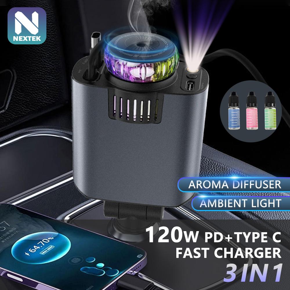 3-IN-1 120W PD Autolader, Type C Snellader Auto Aroma Diffuser Sfeerverlichting Auto Interieur LED Verlichting