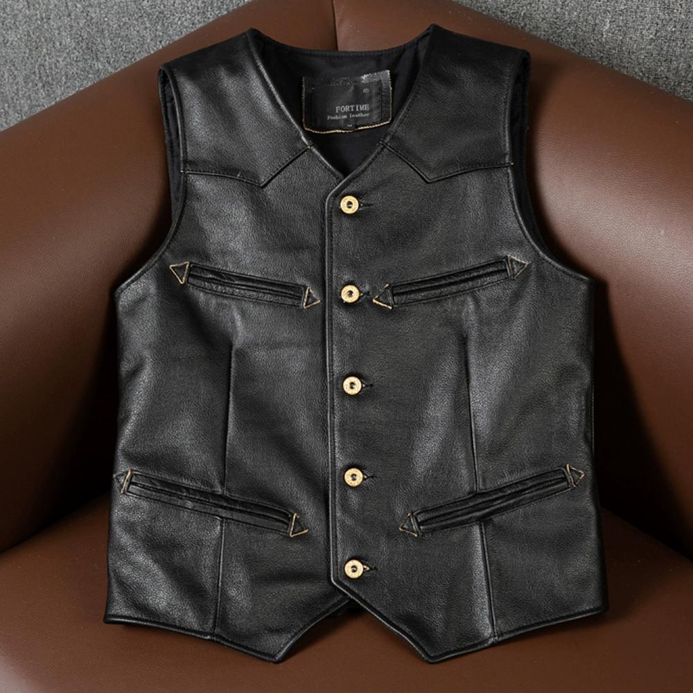 Genuine Buffalo Leather Vest Western Cowboy Style Biker Waistcoat for Men Women Large Size Spring Autumn